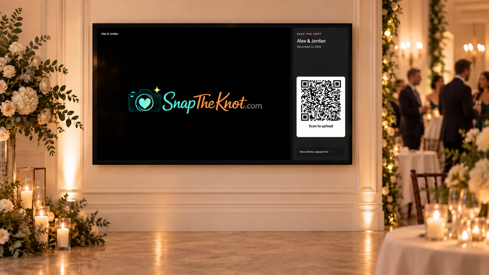 Snap the Knot Live Photo Wall on a reception TV with a wedding QR code for guest photo uploads